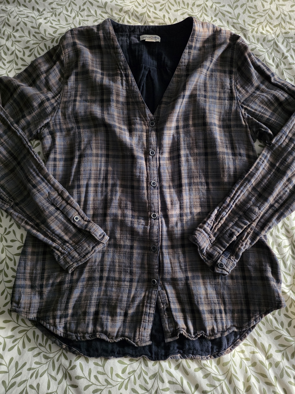 Plaid Button-Front Shirt in Brown and Gray-Blue